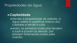 Propriedades da água
Capilaridade
Devido à propriedade de adesão, a
água adere à superfície interna dos
capilares e tende a subir.
Assim, as primeiras moléculas tendem
a subir e puxam as demais, por
estarem fortemente unidas pela
coesão.
 