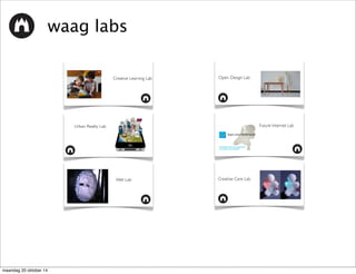 waag labs 
Open Design Lab! 
Wet Lab! Creative Care Lab! 
Future Internet Lab! 
Creative Learning Lab! 
Urban Reality Lab! 
maandag 20 oktober 14 
 