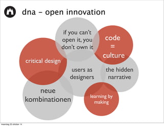 dna - open innovation 
neue 
users as 
designers 
kombinationen 
code 
= 
culture 
the hidden 
narrative 
learning by 
making 
critical design 
if you can’t 
open it, you 
don’t own it 
maandag 20 oktober 14 
 