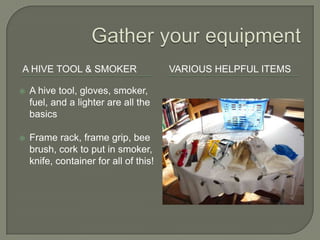 Gather your equipment<br />A Hive Tool & Smoker<br />Various Helpful Items<br />A hive tool, gloves, smoker, fuel, and a l...