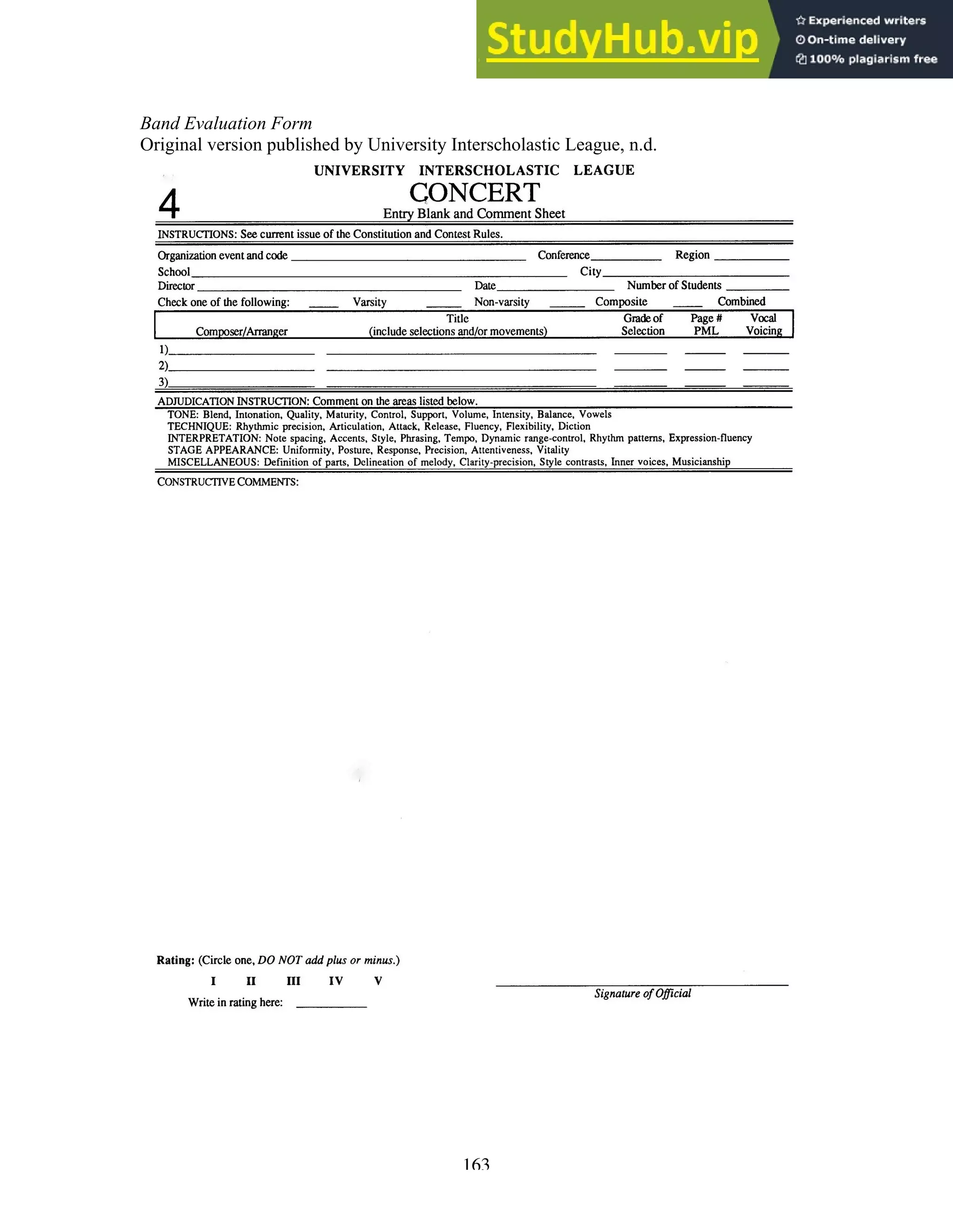 163
Band Evaluation Form
Original version published by University Interscholastic League, n.d.
 