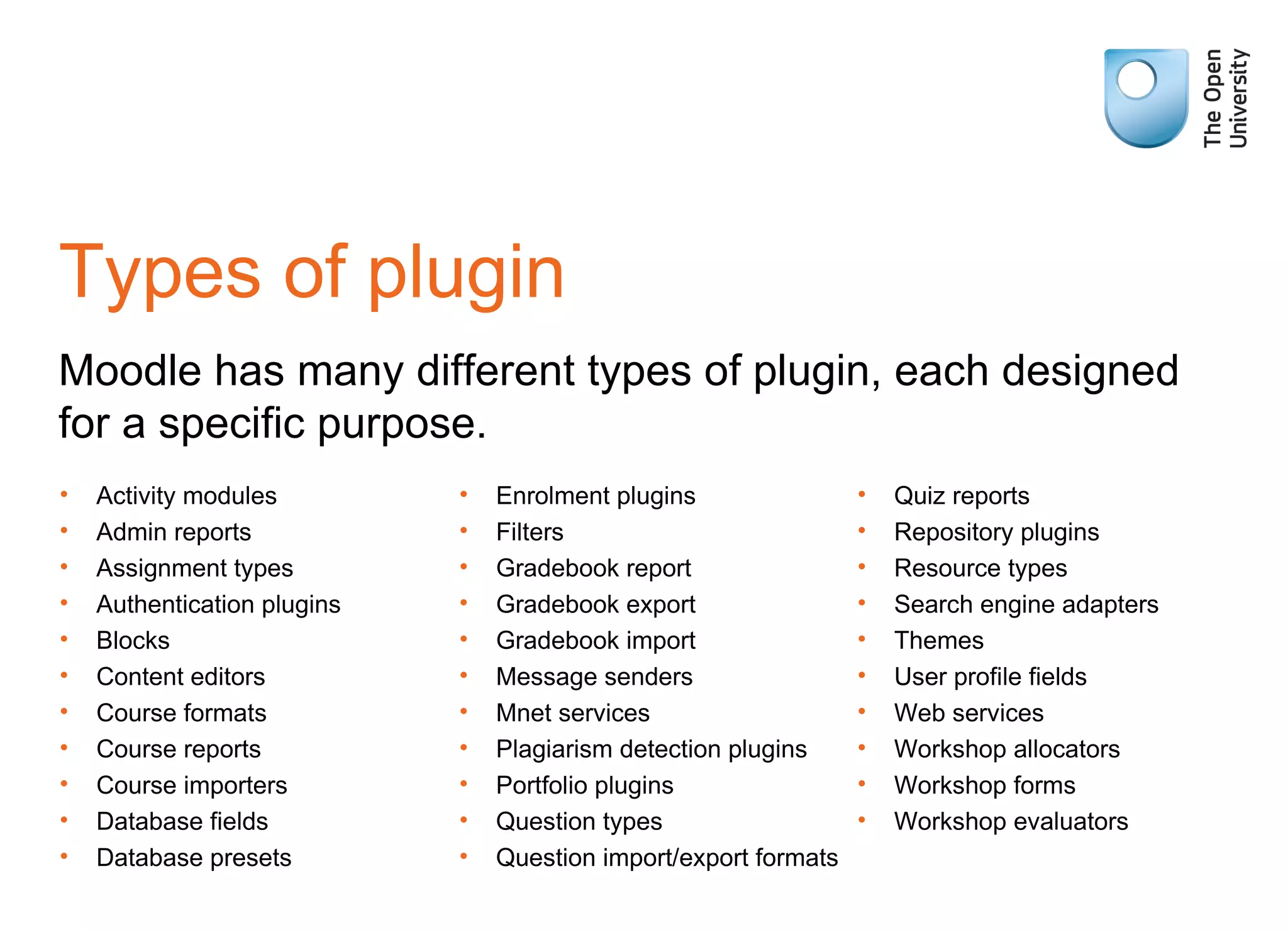 Types of plugin Moodle has many different types of plugin, each designed for a specific purpose. Activity modules Admin reports Assignment types Authentication plugins Blocks Content editors Course formats Course reports Course importers Database fields Database presets Enrolment plugins Filters Gradebook report Gradebook export Gradebook import Message senders Mnet services Plagiarism detection plugins Portfolio plugins Question types Question import/export formats Quiz reports Repository plugins Resource types Search engine adapters Themes User profile fields Web services Workshop allocators Workshop forms Workshop evaluators 