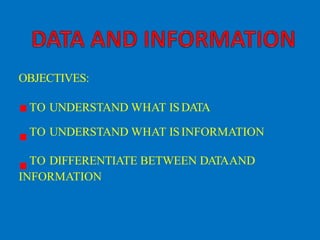 OBJECTIVES:
TO UNDERSTAND WHAT ISDATA
TO UNDERSTAND WHAT ISINFORMATION
TO DIFFERENTIATE BETWEEN DATAAND
INFORMATION
 