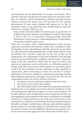 A Basis for Music Education
56
and technique (up the dotted line) via analysis and history. These
activities only have significance for music and music education when
they are related to actual composition, audition and performance.
Failure to grasp this point may well account for the strange
phenomenon of some music students who appear not to like or
respond to music in any significant way. Findlay helps to make the
point more strongly (1968, op. cit.).
Some people intensely dislike the intense gaze or gazed stare of
aesthetic enjoyment, and go to any lengths to avoid it or discourage
it. But to do so is to substitute connoisseurship, historical
information, factual analysis, or the manipulation of value-tickets,
for genuine aesthetic appreciation.
There can, of course, exist a relationship between direct musical
experience and skills and literature studies (here considered under
the heading of style and technique). But this cannot be via any short
cut. The horizontal and peripheral lines of the model indicate some
possibilities for a positive approach. In the case of the act of
composition, the relationship to style and technique is felt through
the tensions generated between tradition and innovation. Decisions
made in this area should be linked with the quest for clarity and
intensity in particular works and involve an individual quality of
feeling. Only then does concern with tradition or innovation aspire
to the level of an aesthetic activity; otherwise we have pastiche or
experiment, both interesting at times but devoid of artistic
significance, the former tending to communicate platitudes and the
latter failing to communicate through excess of novelty. The river of
composition needs to be fed by all three tributaries.
1. awareness of tension between tradition and innovation
2. the clarity of the work in the making
3. the relationship of the work to personal experience (intensity)
Similarly, the act of audition can only be related to problems of style
and technique through the perception of norms and deviations. To
be able to project a set of expectations and to experience the interest,
the engagement and excitement when these are inhibited or eventually
realized is to understand the secrets of the style and manner of the
work before us. Otherwise the butterfly lies dead and dismantled on
the table, no longer a mobile object of beauty with aesthetic qualities
but the subject for scientific inquiry. It is possible that certain forms
of analysis of music may be helpful in enhancing our response to it,
but if so we must once again sense the interaction of three forces.
 