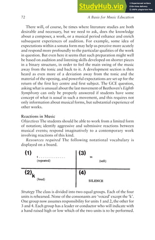 A Basis for Music Education
72
There will, of course, be times where literature studies are both
desirable and necessary, but we need to ask, does the knowledge
about a composer, a work, or a musical period enhance and enrich
subsequent experiences of audition. For example, some idea of
expectations within a sonata form may help us perceive more acutely
and respond more profoundly to the particular qualities of the work
in question. But even here it seems that such preparation might well
be based on audition and listening skills developed on shorter pieces
in a binary structure, in order to feel the main swing of the music
away from the tonic and back to it. A development section is then
heard as even more of a deviation away from the tonic and the
material of the opening, and powerful expectations are set up for the
return of the first key centre and first subject. The GCE question,
asking what is unusual about the last movement of Beethoven’s Eighth
Symphony can only be properly answered if students have some
concept of what is usual in such a movement, and this requires not
only information about musical forms, but substantial experience of
other works.
Reactions in Music
Objectives The students should be able to work from a limited form
of notation; identify aggressive and submissive reactions between
musical events; respond imaginatively to a contemporary work
involving reactions of this kind.
Resources required The following notational vocabulary is
displayed on a board.
Strategy The class is divided into two equal groups. Each of the four
units is rehearsed. None of the consonants are ‘voiced’ except the ‘k’.
One group now assumes responsibility for units 1 and 2, the other for
3 and 4. Each group has a leader or conductor who will indicate with
a hand raised high or low which of the two units is to be performed.
 