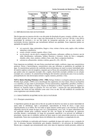 Professor
Carlos Fernandes de Medeiros Filho - UFCG
7
Temperatura
(°C)
Tensão de
vapor
(mm Hg)
Tensão de
vapor
(kg/cm2
)
Densidade
relativa
95 633,7 0,8620 0,9619
100 760,0 1,0333 0,9584
105 906,0 1,2320 0,9549
110 1075,0 1,4609 0,9515
115 1269,0 1,7260 0,9474
120 1491,0 2,0270 0,9430
I.2. IMPUREZAS DAS ÁGUAS NATURAIS
Não há água pura na natureza devido a seu alto poder de dissolução de gases, corantes, colóides, sais, etc.
Este poder químico faz com que a água seja denominada de solvente universal. Devido a esta efetiva
propriedade de solvência e ao seu alto poder de transportar partículas em seu meio, podem ser
encontrados diversas impurezas que normalmente definem sua qualidade. Essas impurezas podem ser
agrupadas da seguinte forma:
em suspensão: algas, protozoários, fungos e vírus; vermes e larvas; areia, argila e silte; resíduos
industriais e domésticos;
estado coloidal: corantes vegetais, sílica e vírus;
em dissolução: sais de cálcio e magnésio (bicarbonatos, carbonatos, sulfatos ou cloretos), sais de
sódio (bicarbonatos, carbonatos, sulfatos fluoretos e cloretos), óxidos de ferro e manganês,
chumbo, cobre, zinco, arsênico, selênio e boro, iodo, flúor e compostos fenólicos;
substâncias albuminóides: nitratos e nitritos, gases (O2 , CO2 , H2S, N).
Estas impurezas na realidade e de uma forma conceitual mais ampla, conferem a água suas características
químicas, físicas e bacteriológicas, características estas que informam os parâmetros de qualidade da
água. As características químicas são conferidas através da presença em maior ou menor intensidade tanto
de matéria orgânica como de inorgânica, enquanto que as físicas são conseqüência da presença de sólidos,
que podem estar em suspensão (exemplo silte e argila), dissolvidos (exemplo colóides) ou em solução
(exemplo sais e corantes). As características biológicas são inerentes a presença de seres vivos ou mortos,
principalmente de vida microscópica animal e vegetal, moneras, protistas e vírus.
NOTA: Robert Harding Whittaker (1924 - 1980), biólogo, botânico e ecologista americano nascido em
Wichita, Kans, propôs (1969) a nova classificação dos organismos em cinco reinos: Monera (as bactérias
e os cianófitos, ou seja, todos os procariontes), Protista (protozoários, euglenófitos, pirrófitos, crisófitos e
mixomicetos), Fungi (todos os fungos), Plantae ou Metaphyta ou Reino Vegetalia (todos os vegetais) e
Metazoa ou Animalia (todos os animais). Os vírus (em latim = veneno) por suas particularidades tão
incomuns, não foram até hoje definidos como seres vivos ou não. Há uma tendência de considerá-los
como organismos sem estrutura celular.
I.3. CARACTERÍSTICAS QUÍMICAS DA ÁGUA NATURAIS
I.3.1. Principais características
A importância química da água está no fato do seu poder de dissolver em maior ou menor intensidade de
quase todas as substâncias. Após a precipitação, especialmente na forma de chuva, á água escoa
superficialmente ou se infiltra. Por isso todas as águas naturais contém gases e sais minerais em solução
adquiridos através do contato da água com o ar e, principalmente, com o solo. As águas subterrâneas têm
sua qualidade afetada pelas condições naturais do solo, em função da incorporação de impurezas
ocorridas durante a precipitação, ao longo do escoamento superficial e no processo de infiltração e
percolação, mesmo que as condições naturais da bacia sejam as mais preservadas possíveis ou mesmo
inexploradas. Neste caso os principais fatores de influência são a cobertura e a composição do solo.
Em áreas já habitadas ou exploradas pelo homem a qualidade da água está sujeita ao uso e ocupação do
solo. A presença humana normalmente gera despejos domésticos e de processos de transformação,
Mesmo que a ocupação seja eminentemente rural, esses tipos de impurezas estarão presentes, embora na
 