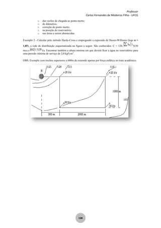 Professor
Carlos Fernandes de Medeiros Filho - UFCG
138
o das vazões de chegada ao ponto morto;
o de diâmetros;
o correção do ponto morto;
o na posição do reservatório;
o nas áreas a serem abastecidas.
Exemplo 2 - Calcular pelo método Hardy-Cross e empregando a expressão de Hazen-Williams (logo n =
1,85), a rede de distribuição esquematizada na figura a seguir. São conhecidos: C = 120, 0,50
mca e l/s. Encontrar também a altura mínima em que deverá ficar a água no reservatório para
uma pressão mínima de serviço de 2,0 kgf/cm2
.
OBS: Exemplo com trechos superiores a 600m de extensão apenas por força enfática no trato acadêmico.
 