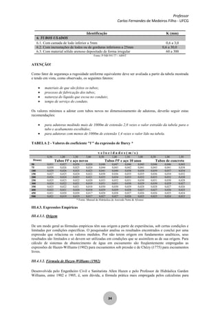 Professor
Carlos Fernandes de Medeiros Filho - UFCG
34
Identificação K (mm)
6. TUBOS USADOS
6.1. Com camada de lodo inferior a 5mm 0,6 a 3,0
6.2. Com incrustações de lodos ou de gorduras inferiores a 25mm 0,6 a 30,0
6.3. Com material sólido arenoso depositado de forma irregular 60 a 300
Fonte: P-NB-591/77 - ABNT
ATENÇÃO!
Como fator de segurança a rugosidade uniforme equivalente deve ser avaliada a partir da tabela mostrada
e tendo em vista, como observado, os seguintes fatores:
materiais de que são feitos os tubos;
processo de fabricação dos tubos;
natureza do líquido que escoa no conduto;
tempo de serviço do conduto.
Os valores mínimos a adotar com tubos novos no dimensionamento de adutoras, deverão seguir estas
recomendações:
para adutoras medindo mais de 1000m de extensão 2,0 vezes o valor extraído da tabela para o
tubo e acabamento escolhidos;
para adutoras com menos de 1000m de extensão 1,4 vezes o valor lido na tabela.
TABELA 2 - Valores do coeficiente "f " da expressão de Darcy *
v e l o c i d a d e s ( m / s )
0,50 1,00 1,50 3,00 0,50 1,00 1,50 3,00 0,50 1,00 1,50
D(mm) Tubos fo
fo
e aço novos Tubos fo
fo
e aço 10 anos Tubos de concreto
50 0,031 0,027 0,026 0,024 0,048 0,047 0,046 0,045 0,048 0,046 0,043
75 0,030 0,026 0,025 0,024 0,044 0,043 0,042 0,041 0,043 0,041 0,038
100 0,029 0,026 0,025 0,023 0,041 0,040 0,038 0,038 0,039 0,037 0,034
150 0,027 0,025 0,024 0,022 0,038 0.036 0,035 0,035 0,036 0,034 0,032
200 0,026 0,024 0,023 0,021 0,035 0,034 0,033 0,032 0,033 0,032 0,030
250 0,025 0,023 0,022 0,020 0,033 0,032 0,031 0,030 0,031 0,030 0,028
300 0,024 0,022 0,021 0,019 0,031 0,031 0,030 0,029 0,030 0,029 0,027
350 0,023 0,022 0,021 0,018 0,030 0,030 0,029 0,028 0,028 0,027 0,026
400 0,022 0,021 0,020 0,018 0,029 0,029 0,028 0,027 0,027 0,026 0,025
450 0,021 0,020 0,020 0,017 0,028 0,028 0,027 0,026 0,026 0,025 0,024
500 0,021 0,019 0,019 0,017 0,027 0,027 0,026 0,025 0,025 0,024 0,023
* Fonte: Manual de Hidráulica de Azevedo Netto & Alvarez
III.4.3. Expressões Empíricas
III.4.3.1. Origem
De um modo geral as fórmulas empíricas têm sua origem a partir de experiências, sob certas condições e
limitadas por condições específicas. O pesquisador analisa os resultados encontrados e conclui por uma
expressão que relaciona os valores medidos. Por não terem origem em fundamentos analíticos, seus
resultados são limitados e só devem ser utilizadas em condições que se assimilem as de sua origem. Para
cálculo de sistemas de abastecimento de água em escoamento são freqüentemente empregadas as
expressões de Hazen-Williams (1902) para escoamentos sob pressão e de Chézy (1775) para escoamentos
livres.
III.4.3.2. Fórmula de Hazen-Williams (1902)
Desenvolvida pelo Engenheiro Civil e Sanitarista Allen Hazen e pelo Professor de Hidráulica Garden
Williams, entre 1902 e 1905, é, sem dúvida, a fórmula prática mais empregada pelos calculistas para
 