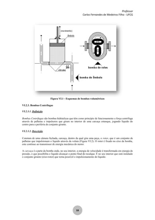 Professor
Carlos Fernandes de Medeiros Filho - UFCG
59
Figura VI.1 - Esquemas de bombas volumétricas
VI.2.3. Bombas Centrífugas
VI.2.3.1. Definição
Bombas Centrífugas são bombas hidráulicas que têm como princípio de funcionamento a força centrífuga
através de palhetas e impulsores que giram no interior de uma carcaça estanque, jogando líquido do
centro para a periferia do conjunto girante.
VI.2.3.2. Descrição
Constam de uma câmara fechada, carcaça, dentro da qual gira uma peça, o rotor, que é um conjunto de
palhetas que impulsionam o líquido através da voluta (Figura VI.2). O rotor é fixado no eixo da bomba,
este contínuo ao transmissor de energia mecânica do motor.
A carcaça é a parte da bomba onde, no seu interior, a energia de velocidade é transformada em energia de
pressão, o que possibilita o líquido alcançar o ponto final do recalque. É no seu interior que está instalado
o conjunto girante (eixo-rotor) que torna possível o impulsionamento do líquido.
 