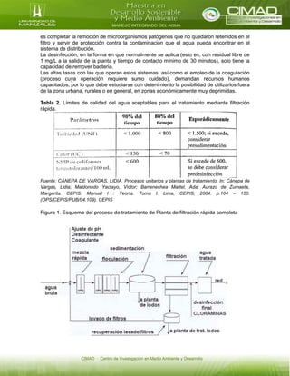es completar la remoción de microorganismos patógenos que no quedaron retenidos en el
filtro y servir de protección contra la contaminación que el agua pueda encontrar en el
sistema de distribución.
La desinfección, en la forma en que normalmente se aplica (esto es, con residual libre de
1 mg/L a la salida de la planta y tiempo de contacto mínimo de 30 minutos), solo tiene la
capacidad de remover bacteria.
Las altas tasas con las que operan estos sistemas, así como el empleo de la coagulación
(proceso cuya operación requiere sumo cuidado), demandan recursos humanos
capacitados, por lo que debe estudiarse con detenimiento la posibilidad de utilizarlos fuera
de la zona urbana, rurales o en general, en zonas económicamente muy deprimidas.
Tabla 2. Límites de calidad del agua aceptables para el tratamiento mediante filtración
rápida.
Fuente: CÁNEPA DE VARGAS, LIDIA. Procesos unitarios y plantas de tratamiento. In: Cánepa de
Vargas, Lidia; Maldonado Yactayo, Víctor; Barrenechea Martel, Ada; Aurazo de Zumaeta,
Margarita. CEPIS. Manual I : Teoría. Tomo I. Lima, CEPIS, 2004. p.104 – 150.
(OPS/CEPIS/PUB/04.109). CEPIS
Figura 1. Esquema del proceso de tratamiento de Planta de filtración rápida completa
 