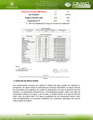 Coliformes Fecales NMP/100 ml <3 0,0
pH unidades 7,7 6,5-9,0
Oxígeno Disuelto mg/l 10,6 N.E
Temperatura °C 22,5 N.E
3- NE= No establecido el rango en la norma en referencia
1.3 ANÁLISIS DE RESULTADOS
Los contaminantes químicos que alteran la calidad del agua pueden ser orgánicos e
inorgánicos, de origen natural o producidos por procesos industriales, la mayor parte de
los compuestos son orgánicos, los cuales se caracterízan por tener el elemento químico
Carbono. Los parámetros fisicoquímicos y microbiológicos pueden indicar que tipos de
compuestos existen en el agua, y por lo tanto, se puede deducir si el agua es fácil de
tratar, como se podria tratar, si el agua es peligrosa por los compuestos tóxicos, entre
otras consideraciones que permiten establecer las condiciones generales del recurso
hídrico objeto de análisis.
 