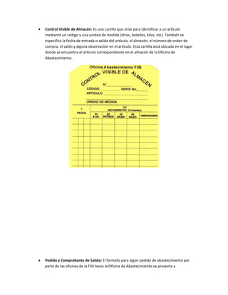 •   Control Visible de Almacén: Es una cartilla que sirve para identificar a un artículo
    mediante un código y una unidad de medida (litros, botellas, kilos, etc). También se
    especifica la fecha de entrada o salida del artículo al almacén, el número de orden de
    compra, el saldo y alguna observación en el artículo. Esta cartilla está ubicada en el lugar
    donde se encuentra el artículo correspondiente en el almacén de la Oficina de
    Abastecimiento.




•   Pedido y Comprobante de Salida: El formato para algún pedido de abastecimiento por
    parte de las oficinas de la FIIS hacia la Oficina de Abastecimiento se presenta a
 