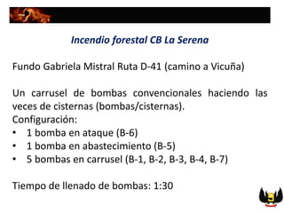 Incendio forestal CB La Serena
Fundo Gabriela Mistral Ruta D-41 (camino a Vicuña)
Un carrusel de bombas convencionales haciendo las
veces de cisternas (bombas/cisternas).
Configuración:
• 1 bomba en ataque (B-6)
• 1 bomba en abastecimiento (B-5)
• 5 bombas en carrusel (B-1, B-2, B-3, B-4, B-7)
Tiempo de llenado de bombas: 1:30
 