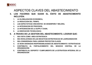 ASPECTOS CLAVES DEL ABASTECIMIENTO
5.   LOS FACORES QUE GUIAN EL ÉXITO DE ABASTECIMEINTO
     INCLUYEN:
     1.   LA GLOBALIZACION ECONOMICA,
     2.   LA REDUCCION DEL TIEMPO,
     3.   LAS EXPECTATIVAS CRECIENTES DE DESEMPEÑO Y MEJORA,
     4.   LA INTEGRACION DE PROCESOS,
     5.   LA INTEGRACION DE LA SUPPLY CHAIN,
     6.   LA INNOVACION TECNOLOGICA
6.   A TRAVES DE LA GESTION DEL ABASTECIMIENTO, LOGRAR QUE:
     1.   SEA VISTA COMO AREA ESTRATEGICA
     2.   SEA INVOLUCRADA EN LAS INICIATIVAS ESTRATEGICAS DE LAORGANIZACION
     3.   SEA CONSIDERADA PARA LIDERAR PROYECTOS CLAVES
     4.   LE SEAN ASIGNADAS RESPONSABILIDADES DE ABASTECIMIENTO ESTRATEGICAS
     5.   CONTRIBUYA AL     FORTALECIMIENTO    DEL   NEGOCIO   CENTRAL   DE   LA
          ORGANIZACIÓN
     6.   CONTRIBUYA AL SOPORTE Y CUMPLIMIENTO DE LA ESTRATEGIA INTEGRAL DE LA
          ORGANIZACION
 