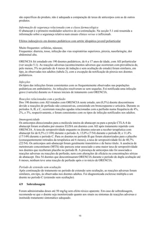 são específicas do produto, não é adequada a comparação de taxas de anticorpos com as de outros
produtos.

Informação de segurança relacionada com a classe farmacológica
O abatacept é o primeiro modulador selectivo de co-estimulação. Na secção 5.1 está resumida a
informação sobre a segurança relativa num ensaio clínico versus o infliximab.

Efeitos indesejáveis em doentes pediátricos com artrite idiopática juvenil poliarticular

Muito frequentes: cefaleias, náuseas;
Frequentes: diarreia, tosse, infecção das vias respiratórias superiores, pirexia, nasofaringite, dor
abdominal alta.

ORENCIA foi estudado em 190 doentes pediátricos, de 6 a 17 anos de idade, com AIJ poliarticular
(ver secção 5.1). As reacções adversas (acontecimentos adversos que ocorreram com prevalência de,
pelo menos, 5% no período de 4 meses de indução e sem ocultação do estudo) foram similares, em
tipo, às observadas nos adultos (tabela 2), com a excepção da notificação de pirexia nos doentes
pediátricos.

Infecções
Os tipos das infecções foram consistentes com os frequentemente observados nas populações
pediátricas em ambulatório. As infecções resolveram-se sem sequelas. Foi notificada uma infecção
grave (varicela) durante os 4 meses iniciais de tratamento com ORENCIA.

Reacções relacionadas com a perfusão
Dos 190 doentes com AIJ tratados com ORENCIA neste estudo, um (0,5%) doente descontinuou
devido a reacções de perfusão não consecutivas, consistindo em broncospasmo e urticária. Durante os
períodos A, B, e C, ocorreram reacções agudas relacionadas com a perfusão numa frequência de 4%,
2%, e 3%, respectivamente, e foram consistentes com os tipos de infecção notificados nos adultos.

Imunogenicidade
Os anticorpos direccionados para a molécula inteira de abatacept ou para a porção CTLA-4 do
abatacept foram avaliados por ensaios ELISA em doentes com AIJ após tratamento repetido com
ORENCIA. A taxa de seropositividade enquanto os doentes estavam a receber terapêutica com
abatacept foi de 0,5% (1/189) durante o período A; 13,0% (7/54) durante o período B; e 11,4%
(17/149) durante o período C. Para os doentes no período B que foram aleatorizados para o placebo
(consequentemente retirados da terapêutica até 6 meses), a taxa de seropositividade foi de 40,7%
(22/54). Os anticorpos anti-abatacept foram geralmente transitórios e de baixo título. A ausência de
metotrexato concomitante (MTX) não pareceu estar associado a uma maior taxa de seropositividade
nos doentes que receberam placebo no período B. A presença de anticorpos não foi associada a
reacções adversas ou reacções de perfusão, nem com alterações de eficácia ou concentrações séricas
de abatacept. Dos 54 doentes que descontinuaram ORENCIA durante o período de dupla ocultação até
6 meses, nenhum teve uma reacção de perfusão após o re-início de ORENCIA.

Período de extensão sem ocultação
Após continuação do tratamento no período de extensão sem ocultação, as reacções adversas foram
similares, em tipo, às observadas nos doentes adultos. Foi diagnosticada esclerose múltipla a um
doente no período C (extensão sem ocultação).

4.9   Sobredosagem

Foram administradas doses até 50 mg/kg sem efeito tóxico aparente. Em caso de sobredosagem,
recomenda-se que o doente seja monitorizado quanto aos sinais ou sintomas de reacções adversas e
instituído tratamento sintomático adequado.




                                                    10
 
