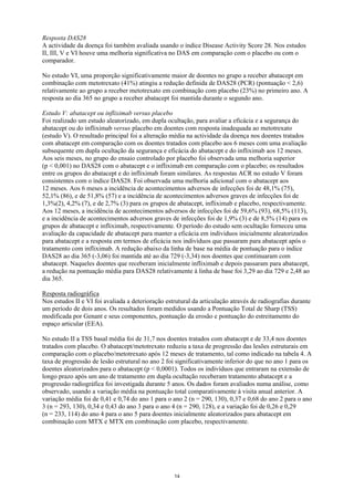 Resposta DAS28
A actividade da doença foi também avaliada usando o índice Disease Activity Score 28. Nos estudos
II, III, V e VI houve uma melhoria significativa no DAS em comparação com o placebo ou com o
comparador.

No estudo VI, uma proporção significativamente maior de doentes no grupo a receber abatacept em
combinação com metotrexato (41%) atingiu a redução definida de DAS28 (PCR) (pontuação < 2,6)
relativamente ao grupo a receber metotrexato em combinação com placebo (23%) no primeiro ano. A
resposta ao dia 365 no grupo a receber abatacept foi mantida durante o segundo ano.

Estudo V: abatacept ou infliximab versus placebo
Foi realizado um estudo aleatorizado, em dupla ocultação, para avaliar a eficácia e a segurança do
abatacept ou do infliximab versus placebo em doentes com resposta inadequada ao metotrexato
(estudo V). O resultado principal foi a alteração média na actividade da doença nos doentes tratados
com abatacept em comparação com os doentes tratados com placebo aos 6 meses com uma avaliação
subsequente em dupla ocultação da segurança e eficácia do abatacept e do infliximab aos 12 meses.
Aos seis meses, no grupo do ensaio controlado por placebo foi observada uma melhoria superior
(p < 0,001) no DAS28 com o abatacept e o infliximab em comparação com o placebo; os resultados
entre os grupos do abatacept e do infliximab foram similares. As respostas ACR no estudo V foram
consistentes com o índice DAS28. Foi observada uma melhoria adicional com o abatacept aos
12 meses. Aos 6 meses a incidência de acontecimentos adversos de infecções foi de 48,1% (75),
52,1% (86), e de 51,8% (57) e a incidência de acontecimentos adversos graves de infecções foi de
1,3%(2), 4,2% (7), e de 2,7% (3) para os grupos de abatacept, infliximab e placebo, respectivamente.
Aos 12 meses, a incidência de acontecimentos adversos de infecções foi de 59,6% (93), 68,5% (113),
e a incidência de acontecimentos adversos graves de infecções foi de 1,9% (3) e de 8,5% (14) para os
grupos de abatacept e infliximab, respectivamente. O período do estudo sem ocultação forneceu uma
avaliação da capacidade de abatacept para manter a eficácia em individuos inicialmente aleatorizados
para abatacept e a resposta em termos de eficácia nos indivíduos que passaram para abatacept após o
tratamento com infliximab. A redução abaixo da linha de base na média de pontuação para o índice
DAS28 ao dia 365 (-3,06) foi mantida até ao dia 729 (-3,34) nos doentes que continuaram com
abatacept. Naqueles doentes que receberam inicialmente infliximab e depois passaram para abatacept,
a redução na pontuação média para DAS28 relativamente à linha de base foi 3,29 ao dia 729 e 2,48 ao
dia 365.

Resposta radiográfica
Nos estudos II e VI foi avaliada a deterioração estrutural da articulação através de radiografias durante
um período de dois anos. Os resultados foram medidos usando a Pontuação Total de Sharp (TSS)
modificada por Genant e seus componentes, pontuação da erosão e pontuação do estreitamento do
espaço articular (EEA).

No estudo II a TSS basal média foi de 31,7 nos doentes tratados com abatacept e de 33,4 nos doentes
tratados com placebo. O abatacept/metotrexato reduziu a taxa de progressão das lesões estruturais em
comparação com o placebo/metotrexato após 12 meses de tratamento, tal como indicado na tabela 4. A
taxa de progressão de lesão estrutural no ano 2 foi significativamente inferior do que no ano 1 para os
doentes aleatorizados para o abatacept (p < 0,0001). Todos os indivíduos que entraram na extensão de
longo prazo após um ano de tratamento em dupla ocultação receberam tratamento abatacept e a
progressão radiográfica foi investigada durante 5 anos. Os dados foram avaliados numa análise, como
observado, usando a variação média na pontuação total comparativamente à visita anual anterior. A
variação média foi de 0,41 e 0,74 do ano 1 para o ano 2 (n = 290, 130), 0,37 e 0,68 do ano 2 para o ano
3 (n = 293, 130), 0,34 e 0,43 do ano 3 para o ano 4 (n = 290, 128), e a variação foi de 0,26 e 0,29
(n = 233, 114) do ano 4 para o ano 5 para doentes inicialmente aleatorizados para abatacept em
combinação com MTX e MTX em combinação com placebo, respectivamente.




                                                   14
 