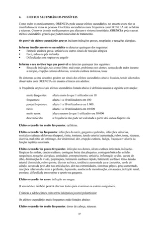 4.    EFEITOS SECUNDÁRIOS POSSÍVEIS

Como todos os medicamentos, ORENCIA pode causar efeitos secundários, no entanto estes não se
manifestam em todas as pessoas. Os efeitos secundários mais frequentes com ORENCIA são cefaleias
e náuseas. Como os demais medicamentos que afectam o sistema imunitário, ORENCIA pode causar
efeitos secundários graves que podem necessitar de tratamento.

Os possíveis efeitos secundários graves incluem infecções graves, neoplasias e reacções alérgicas.

Informe imediatamente o seu médico se detectar quaisquer dos seguintes:
     Erupção cutânea grave, urticária ou outros sinais de reacção alérgica
     Face, mãos ou pés inchados
     Dificuldades em respirar ou engolir

Informe o seu médico logo que possível se detectar quaisquer dos seguintes:
     Sinais de infecção, tais como febre, mal-estar, problemas nos dentes, sensação de ardor durante
     a micção, erupção cutânea dolorosa, vesícula cutânea dolorosa, tosse

Os sintomas acima descritos podem ser sinais dos efeitos secundários abaixo listados, tendo sido todos
observados com ORENCIA em ensaios clínicos em adultos:

A frequência de possíveis efeitos secundários listada abaixo é definida usando a seguinte convenção:

      muito frequentes:      afecta mais do que 1 utilizador em 10
      frequentes:            afecta 1 a 10 utilizadores em 100
      pouco frequentes:      afecta 1 a 10 utilizadores em 1.000
      raros:                 afecta 1 a 10 utilizadores em 10.000
      muito raros:           afecta menos do que 1 utilizador em 10.000
      desconhecido:          a frequência não pode ser calculada a partir dos dados disponíveis

Efeitos secundários muito frequentes: cefaleias.

Efeitos secundários frequentes: infecções do nariz, garganta e pulmões, infecções urinárias,
vesículas cutâneas dolorosas (herpes), rinite, tonturas, tensão arterial aumentada, rubor, tosse, náuseas,
diarreia, mal-estar do estômago, dor abdominal, dor, erupção cutânea, fadiga, fraqueza e valores da
função hepática anormais.

Efeitos secundários pouco frequentes: infecção nos dentes, úlcera cutânea infectada, infecções
fúngicas das unhas, cancro cutâneo, contagem baixa das plaquetas, contagem baixa das células
sanguíneas, reacções alérgicas, ansiedade, entorpecimento, urticária, inflamação ocular, secura do
olho, diminuição da visão, palpitações, batimento cardíaco rápido, batimento cardíaco lento, tensão
arterial diminuída, rubor quente, úlceras na boca, tendência aumentada para contusões, perda de
cabelo, secura da pele, dor nas articulações, dor nas extremidades, sintomas gripais, peso aumentado,
reacções relacionadas com a perfusão, depressão, ausência de menstruação, enxaqueca, infecção renal,
psoríase, dificuldade em respirar e aperto na garganta.

Efeitos secundários raros: infecção no sangue.

O seu médico também poderá efectuar testes para examinar os valores sanguíneos.

Crianças e adolescentes com artrite idiopática juvenil poliarticular

Os efeitos secundários mais frequentes estão listados abaixo:

Efeitos secundários muito frequentes: dores de cabeça, náuseas.

                                                    37
 