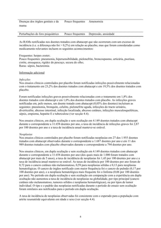 Doenças dos órgãos genitais e da      Pouco frequentes     Amenorreia
mama

Perturbações do foro psiquiátrico     Pouco frequentes     Depressão, ansiedade

As RAMs notificadas nos doentes tratados com abatacept que não ocorreram com um excesso de
incidência (i.e. a diferença não foi > 0,2%) em relação ao placebo, mas que foram consideradas como
medicamente relevantes incluem os seguintes acontecimentos:

Frequentes: herpes zoster;
Pouco frequentes: pneumonia, hipersensibilidade, pielonefrite, broncospasmo, urticária, psoríase,
cistite, enxaqueca, rigidez do pescoço, secura do olho;
Raras: sépsis, bacteremia.

Informação adicional

Infecções
Nos ensaios clínicos controlados por placebo foram notificadas infecções possivelmente relacionadas
com o tratamento em 23,2% dos doentes tratados com abatacept e em 19,5% dos doentes tratados com
placebo.

Foram notificadas infecções graves possivelmente relacionadas com o tratamento em 1,8% dos
doentes tratados com abatacept e em 1,0% dos doentes tratados com placebo. As infecções graves
notificadas em, pelo menos, um doente tratado com abatacept (0,05% dos doentes) incluíram as
seguintes: pneumonia, bronquite, celulite, pielonefrite aguda, infecções do tracto urinário,
diverticulite, abcesso intestinal, infecção localizada, abcesso cutâneo, infecções musculosqueléticas,
sépsis, empiema, hepatite E e tuberculose (ver secção 4.4).

Nos ensaios clínicos, em dupla ocultação e sem ocultação em 4.149 doentes tratados com abatacept
durante o correspondente a 11.658 doentes por ano, a taxa de incidência de infecções graves foi 2,87
por 100 doentes por ano e a taxa de incidência anual manteve-se estável.

Neoplasias
Nos ensaios clínicos controlados por placebo foram notificadas neoplasias em 27 dos 1.955 doentes
tratados com abatacept observados durante o correspondente a 1.687 doentes por ano e em 11 dos
989 doentes tratados com placebo observados durante o correspondente a 794 doentes por ano.

Nos ensaios clínicos, em dupla ocultação e sem ocultação em 4.149 doentes tratados com abatacept
durante o correspondente a 11.658 doentes por ano (dos quais mais de 1.000 foram tratados com
abatacept por mais de 5 anos), a taxa de incidência de neoplasias foi 1,43 por 100 doentes por ano e a
taxa de incidência anual manteve-se estável. As taxas de incidência por 100 doentes por ano foram de
0,72 para o cancro cutâneo não melanomatoso, 0,59 para neoplasias sólidas e 0,13 para neoplasias
hematológicas. O cancro de órgãos notificado com maior frequência foi o cancro do pulmão (0,17 por
100 doentes por ano), e a neoplasia hematológica mais frequente foi o linfoma (0,06 por 100 doentes
por ano). No período em dupla ocultação e sem ocultação em comparação com a experiência em dupla
ocultação não aumentou a taxa de incidência de neoplasias na globalidade, por tipo principal (cancro
cutâneo não melanomatoso, tumores sólidos e neoplasias hematológicas), ou por tipos de tumor
individual. O tipo e o padrão das neoplasias notificadas durante o período do ensaio sem ocultação
foram similares aos notificados para o período em dupla ocultação.

A taxa de incidência de neoplasias observadas foi consistente com o esperado para a população com
artrite reumatóide equivalente em idade e sexo (ver secção 4.4).




                                                   8
 
