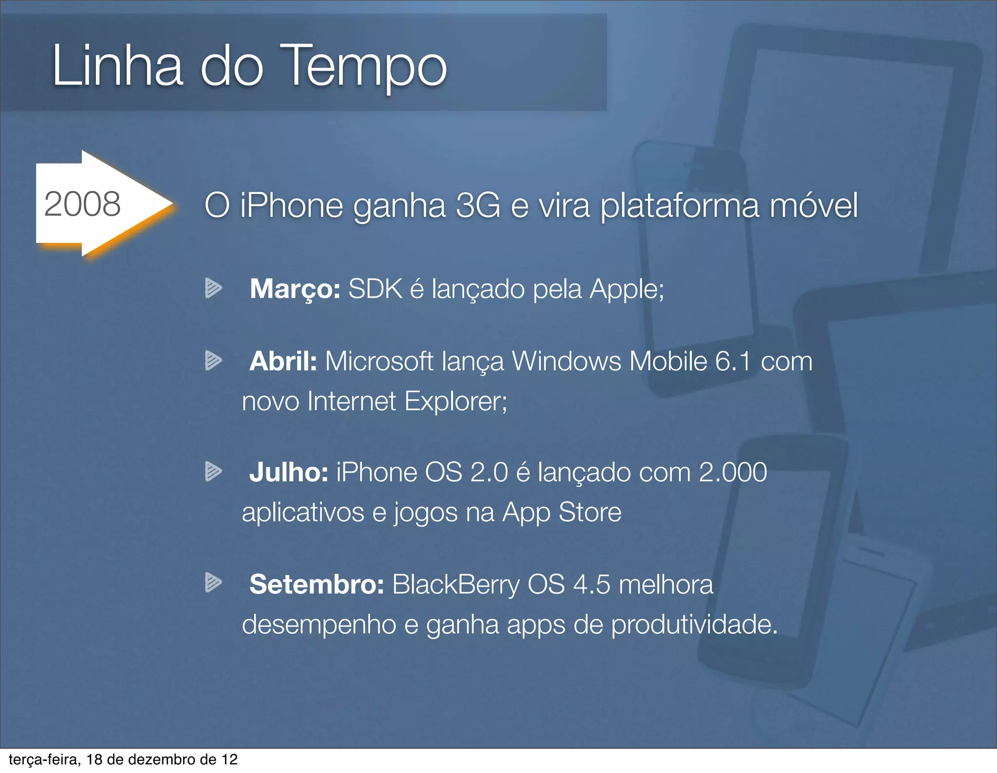 Linha do Tempo

     2008                   O iPhone ganha 3G e vira plataforma móvel

                                    Março: SDK é lançado pela Apple;

                                     Abril: Microsoft lança Windows Mobile 6.1 com
                                    novo Internet Explorer;

                                     Julho: iPhone OS 2.0 é lançado com 2.000
                                    aplicativos e jogos na App Store

                                    Setembro: BlackBerry OS 4.5 melhora
                                    desempenho e ganha apps de produtividade.



terça-feira, 18 de dezembro de 12
 