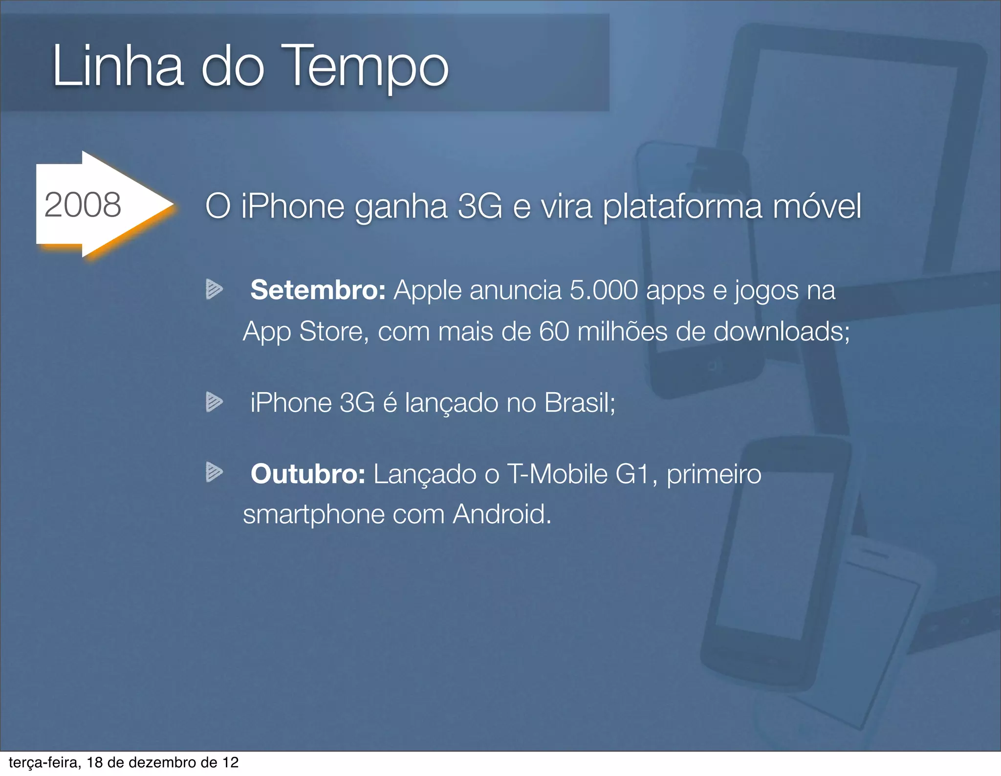Linha do Tempo

     2008                   O iPhone ganha 3G e vira plataforma móvel

                                    Setembro: Apple anuncia 5.000 apps e jogos na
                                    App Store, com mais de 60 milhões de downloads;

                                    iPhone 3G é lançado no Brasil;

                                     Outubro: Lançado o T-Mobile G1, primeiro
                                    smartphone com Android.




terça-feira, 18 de dezembro de 12
 