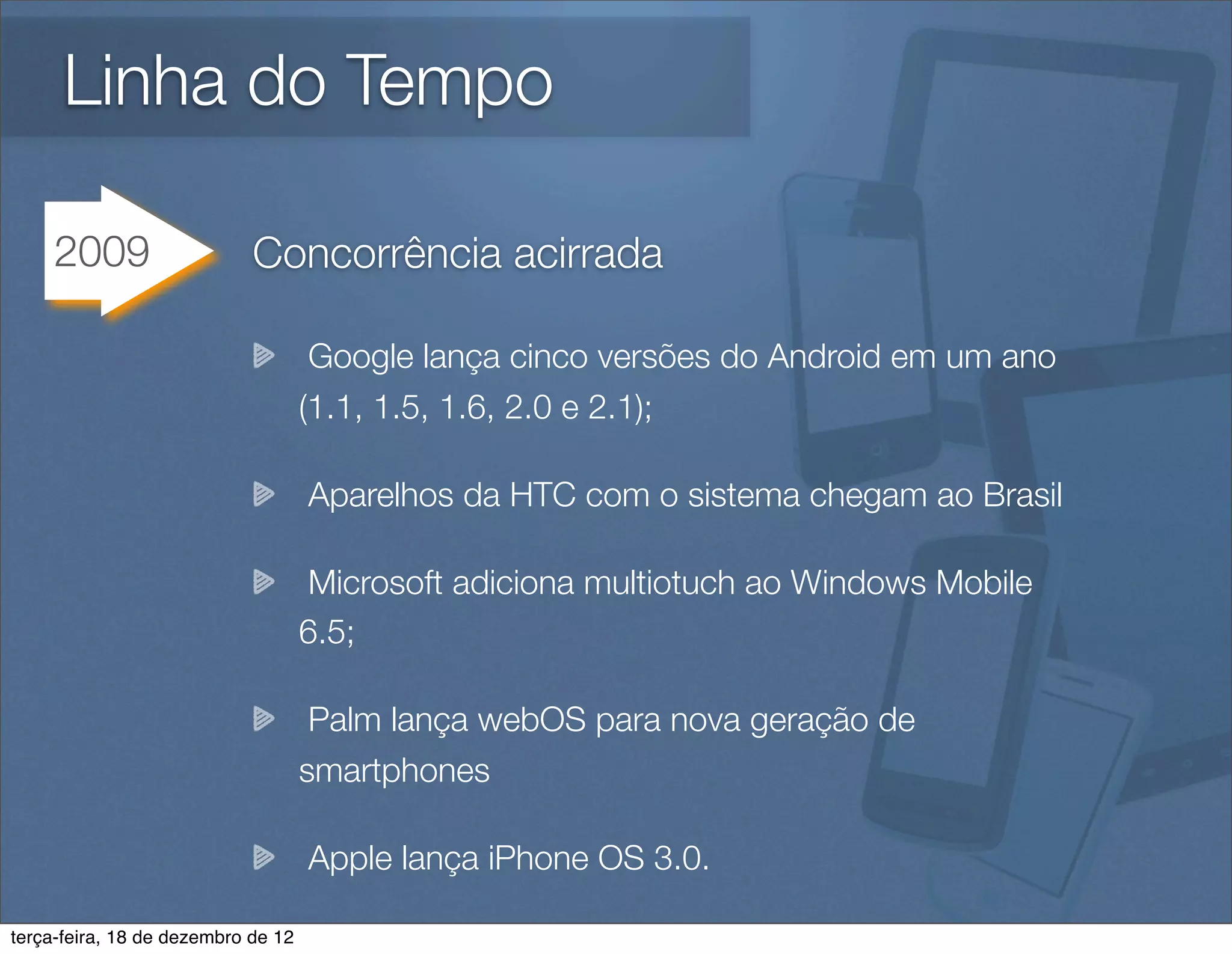 Linha do Tempo

     2009                   Concorrência acirrada

                                     Google lança cinco versões do Android em um ano
                                    (1.1, 1.5, 1.6, 2.0 e 2.1);

                                    Aparelhos da HTC com o sistema chegam ao Brasil

                                    Microsoft adiciona multiotuch ao Windows Mobile
                                    6.5;

                                     Palm lança webOS para nova geração de
                                    smartphones

                                    Apple lança iPhone OS 3.0.

terça-feira, 18 de dezembro de 12
 