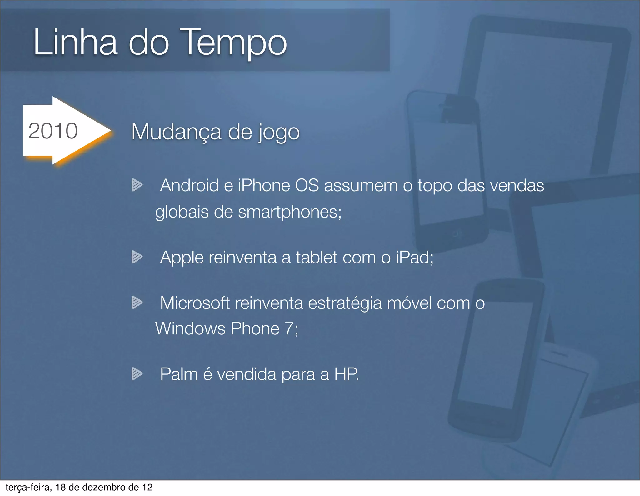 Linha do Tempo

     2010                   Mudança de jogo

                                    Android e iPhone OS assumem o topo das vendas
                                    globais de smartphones;

                                    Apple reinventa a tablet com o iPad;

                                    Microsoft reinventa estratégia móvel com o
                                    Windows Phone 7;

                                    Palm é vendida para a HP.




terça-feira, 18 de dezembro de 12
 