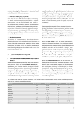 13
www.investinaustria.at
accessory claims (e.g. late filing penalties) is determined based
on the deductibility of the underlying tax.
3.6.	Interest and royalty payments
Until entry into force of the Austrian Budget Accompanying
Act of 2014, interest and royalty payments within a corporate
group could, as a rule, be deducted without limit, as long as
the transactions were arms length in nature. A comprehensive
deduction limit now applies to interest and royalty expenses
starting as of 1 March 2014: Operating expenses for interest
and royalty payments are tax deductible if the income at the
receiving company is subject to sufficient taxation, i.e. taxation
at a rate of at least ten percent.
3.7.	Manager salaries
The Austrian Tax Amendment Act of 2014 introduced a limit
on operating expense deductions for top earners effective as of 1
March 2014. Under this legislation, expenses or outlays paid as
remuneration for work or services are no longer considered tax
deductible operating expenses above and beyond 500,000 Euro
per person per financial year.
4.	 Special international aspects
4.1.	 Double taxation conventions and deduction at
source
In order to avoid the same income from being taxed in two or
more countries, Austria has concluded double taxation con-
ventions with many countries modelled on the OECD Model
Convention. These conventions determine which contracting
country has the right to tax certain income. If one of these
distributive rules (Art. 6 to 22) does not give either country the
sole right of taxation, but instead allows the possibility of ta-
xation in both contracting countries, the contracting countries
mutually stipulate that the applicable country of residence must
avoid double taxation. In such cases, the contracting countries
mutually agree on which tax relief method shall be applied,
namely the credit method or exemption method. The credit
method is primarily used for dividends and royalties, since most
double taxation conventions provide the right to deduction of
tax at source.
Since transposition of the EU Parent-Subsidiary Directive,
dividend distributions between corporations have been exempt
from deduction at source when an interest of ten percent or
more is held. In addition, payments of interest and royalties
between affiliated companies in the EU have been exempt from
deduction at source since 1 January 2004 if a direct interest of
25 percent or more is held.
When the credit method is used, the income from the source
country is included in the tax base in the country of residence,
and the foreign taxes paid are credited against the domestic tax
burden. In most cases, the law provides for a statutory “maxi-
mum tax credit”, i.e. foreign taxes can only be credited against
domestic taxes up to a certain maximum limit, resulting in the
foreign income being taxed at no less than the Austrian tax rate.
The credit method is mainly used for dividends and royalties
when the source country has the right to deduction at source.
When the exemption method is used, on the other hand, the
foreign income is exempt from taxation in the country of resi-
dence in order to avoid double taxation. This method is often
used together with “exemption with progression”, i.e. foreign
income is only used to calculate the tax rate, but not the tax
base. Exemption with progression is only relevant for natural
persons, since the constant corporation tax rate of 25 percent
means that exemption with progression would not increase the
tax rate for corporations.
The following table shows the countries which have active double taxation conventions with Austria and the withholding tax rates
applicable for dividends, interest and royalties:
Country Equity interest Dividends1
Interest2
Royalties3
Albania 25 5/15 5 5
Algeria 10 5/15 0/104
10
Armenia 10 5/15 0/105
5
Australia - 15 10 10
Azerbaijan 25 5/10/156
10 5/107
Bahrain - 0 0 0
Barbados 10 5/15 0 0
Belarus 25 5/15 5 5
Belgium * - 15 158
0/10+
Belize 25 5/15 0 0
 
