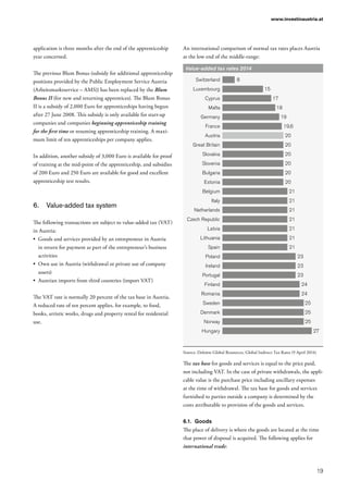 19
www.investinaustria.at
application is three months after the end of the apprenticeship
year concerned.
The previous Blum Bonus (subsidy for additional apprenticeship
positions provided by the Public Employment Service Austria
(Arbeitsmarktservice – AMS)) has been replaced by the Blum
Bonus II (for new and returning apprentices). The Blum Bonus
II is a subsidy of 2,000 Euro for apprenticeships having begun
after 27 June 2008. This subsidy is only available for start-up
companies and companies beginning apprenticeship training
for the first time or resuming apprenticeship training. A maxi-
mum limit of ten apprenticeships per company applies.
In addition, another subsidy of 3,000 Euro is available for proof
of training at the mid-point of the apprenticeship, and subsidies
of 200 Euro and 250 Euro are available for good and excellent
apprenticeship test results.
6.	 Value-added tax system
The following transactions are subject to value-added tax (VAT)
in Austria:
•	 Goods and services provided by an entrepreneur in Austria
in return for payment as part of the entrepreneur’s business
activities
•	 Own use in Austria (withdrawal or private use of company
assets)
•	 Austrian imports from third countries (import VAT)
The VAT rate is normally 20 percent of the tax base in Austria.
A reduced rate of ten percent applies, for example, to food,
books, artistic works, drugs and property rental for residential
use.
An international comparison of normal tax rates places Austria
at the low end of the middle-range:
Value-added tax rates 2014
Switzerland
Luxembourg
Cyprus
Malta
Germany
France
Austria
Great Britain
Slovakia
Slovenia
Bulgaria
Estonia
Belgium
Italy
Netherlands
Czech Republic
Latvia
Lithuania
Spain
Poland
Ireland
Portugal
Finland
Romania
Sweden
Denmark
Norway
Hungary
8
15
17
18
19
19,6
20
20
20
20
20
20
21
21
21
21
21
21
21
23
23
23
24
24
25
25
25
27
Source: Deloitte Global Resources, Global Indirect Tax Rates (9 April 2014)
The tax base for goods and services is equal to the price paid,
not including VAT. In the case of private withdrawals, the appli-
cable value is the purchase price including ancillary expenses
at the time of withdrawal. The tax base for goods and services
furnished to parties outside a company is determined by the
costs attributable to provision of the goods and services.
6.1.	 Goods
The place of delivery is where the goods are located at the time
that power of disposal is acquired. The following applies for
international trade:
 