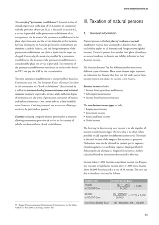 25
www.investinaustria.at
The concept of “permanent establishment”, however, is also of
critical importance in the area of VAT, namely in connection
with the provision of services. If, as is discussed in section 8.2,
a service is provided to the permanent establishment of an
entrepreneur, the location of the permanent establishment is the
place of performance and the service is taxable at this location.
Services provided to an Austrian permanent establishment are
therefore taxable in Austria, and the foreign enterprise of the
permanent establishment can claim a deduction for input tax
charged. Conversely, if a service is provided by a permanent
establishment, the location of the permanent establishment is
considered the place the service is provided. The enterprise of
the permanent establishment must issue an invoice with Austri-
an VAT and pay the VAT to the tax authorities.
The term permanent establishment is interpreted here based on
Community case law. The European Court of Justice Cox refers
in this connection to a “fixed establishment” characterized by
a sufficient minimum level of permanent human and technical
resources necessary to provide a service, and a sufficient degree
of permanence in the sense of permanent interaction of human
and technical resources. One cannot refer to a fixed establish-
ment, however, if neither personnel nor a structure allowing a
service to be provided are present.11
Example: A leasing company without personnel or a structure
allowing autonomous provision of service in the country of
vehicle use does not have a fixed establishment.
11	 Ruppe, Umsatzsteuergesetz Kommentar (Commentary on the Value-
Added Tax Act) 2005, §3a marg. number 107
III.	Taxation of natural persons
1.	 General information
Natural persons with their place of residence or normal
residence in Austria have unlimited tax liability there. This
tax liability applies to all domestic and foreign income (global
income). If natural persons have neither their place of residence
or normal residence in Austria, tax liability is limited to their
Austrian income.
The Austrian Income Tax Act differentiates between seven
different types of income. These seven income types represent
an exhaustive list. Income that does not fall under one of these
income types is not subject to income tax in Austria.
Business income includes:
•	 Income from agriculture and forestry
•	 Self-employment income
•	 Income from business operations
The non-business income types include:
•	 Employment income
•	 Investment income
•	 Rental and lease income
•	 Other income
The first step in determining total income is to add together all
income in each income type. The next step is to offset (where
possible) or add together the different income types. The result
is the total income of the taxpayer for income tax purposes.
Deductions may also be claimed for certain special expenses
(Sonderausgaben), extraordinary expenses (außergewöhnliche
Belastungen) and allowances. Progressive income tax is then
calculated based on the income determined in this way.
Income below 11,000 Euro is exempt from income tax. Progres-
sive tax rates are applied to income above 11,000 Euro. Income
above 60,000 Euro is taxed at a rate of 50 percent. The total tax
due is therefore calculated as follows:
Income (IC) Income tax in Euro
11,000
to 25,000 Euro
x 5,110 
(IC - 11,000)
14,000
25,000
to 60,000 Euro
x 15,125 + 5,110
(IC - 25,000)
35,000
more than 60,000 Euro (IC - 60,000) x 0.5 + 20,235
 