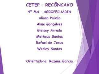 CETEP – RECÔNCAVO
4º MA – AGROPECUÁRIA
Aliana Paixão
Aline Gonçalves
Gleisey Arruda
Matheus Santos
Rafael de Jesus
Wesley Santos
Orientadora: Rozane Garcia
 