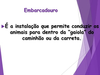 Embarcadouro
É a instalação que permite conduzir os
animais para dentro da “gaiola” do
caminhão ou da carreta.
 