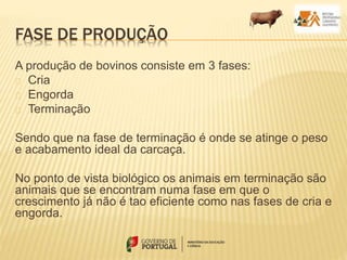 FASE DE PRODUÇÃO
A produção de bovinos consiste em 3 fases:
Cria
Engorda
Terminação
Sendo que na fase de terminação é onde se atinge o peso
e acabamento ideal da carcaça.
No ponto de vista biológico os animais em terminação são
animais que se encontram numa fase em que o
crescimento já não é tao eficiente como nas fases de cria e
engorda.
 