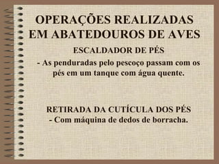 OPERAÇÕES REALIZADAS
EM ABATEDOUROS DE AVES
ESCALDADOR DE PÉS
- As penduradas pelo pescoço passam com os
pés em um tanque com água quente.
RETIRADA DA CUTÍCULA DOS PÉS
- Com máquina de dedos de borracha.
 