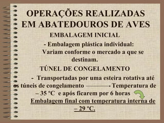 OPERAÇÕES REALIZADAS
EM ABATEDOUROS DE AVES
EMBALAGEM INICIAL
- Embalagem plástica individual:
Variam conforme o mercado a que se
destinam.
TÚNEL DE CONGELAMENTO
- Transportadas por uma esteira rotativa até
os túneis de congelamento Temperatura de
– 35 ºC e após ficarem por 6 horas
Embalagem final com temperatura interna de
– 29 ºC.
 