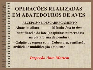 OPERAÇÕES REALIZADAS
EM ABATEDOUROS DE AVES
RECEPÇÃO E DESCARREGAMENTO
- Abate imediato Método Just in time
Identificação do lote (chapinhas numeradas)
na plataforma de pendura.
- Galpão de espera com: Cobertura, ventilação
artificial e umidificação ambiente
Inspeção Ante-Mortem
 