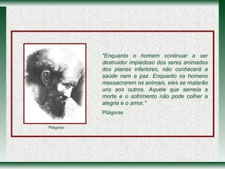 "Enquanto o homem continuar a ser destruidor impiedoso dos seres animados dos planos inferiores, não conhecerá a saúde nem a paz. Enquanto os homens massacrarem os animais, eles se matarão uns aos outros. Aquele que semeia a morte e o sofrimento não pode colher a alegria e o amor."   Pitágoras  Pitágoras 