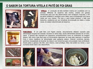 VITELA :   A  produção de leite também implica em crueldade com os animais. Milhares de bezerros são mortos, criados em gaiolas minúsculas para que não desenvolvam nem enrijeçam músculos, a fim de serem abatidos e vendidos como vitela, que é considerada uma carne nobre por sua maciez. Pra que a vaca possa produzir o leite que bebemos, acabamos por ser cúmplices da produção de vitela e, muitas vezes, do abate indiscriminado de bezerros.   FOIE-GRAS :   É um patê feito com fígado doente, absurdamente dilatado causado pela alimentação forçada dos animais.   Durante os vários dias, sendo alimentados através de um tubo, patos  e gansos são mantidos em pequenos compartimentos como os mostrados na imagem abaixo. Isso torna mais fácil para os funcionários agarrarem as aves pelo pescoço e inserirem funis e tubos metálicos de alimentação pela garganta abaixo. Quando comemos demais, sentimos necessidade de levantar da mesa e nos movermos para uma posição mais confortável. Esses patos e gansos não têm, nem mesmo, esse privilégio. Eles mal podem se mover, o que aumenta ainda mais o seu desconforto.  O TUBO O PATÊ FÍGADO  SADIO FÍGADO DOENTE O SABOR DA TORTURA: VITELA E PATÊ DE FOI GRAS 