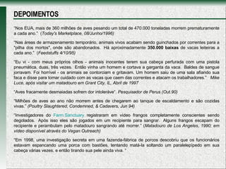 “ Nos EUA, mais de 360 milhões de aves pesando um total de 470.000 toneladas morrem prematuramente a cada ano.”  ( Today's Marketplace, 08/Junho/1996) “ Nas áreas de armazenamento temporário, animais vivos acabam sendo guinchados por correntes para a "pilha dos mortos", onde são abandonados.  Há aproximadamente  350.000 baixas  de vacas leiteiras a cada ano.”  ( Feedstuffs 4/10/95)   “ Eu vi - com meus próprios olhos - animais inocentes terem sua cabeça perfurada com uma pistola pneumática, duas, três vezes.  Então vinha um homem e cortava a garganta da vaca.  Baldes de sangue jorravam. Foi horrível - os animais se contorciam e gritavam. Um homem saiu de uma sala afiando sua faca e disse para tomar cuidado com as vacas que caem das correntes e atacam os trabalhadores.”   Mike Luce, após visitar um matadouro em Grant City, IL, Abril de 1997 “ Aves fracamente desmaiadas sofrem dor intoleráve“.  Pesquisador de Perus (Out.90) “ Milhões de aves ao ano não morrem antes de chegarem ao tanque de escaldamento e são cozidas vivas.”  (Poultry Slaughtered, Condemned, & Cadavers, Jun 94)   “ Investigadores do  Farm   Sanctuary  registraram em vídeo frangos completamente conscientes sendo degolados.  Após isso eles são jogados em um recipiente para sangrar.  Alguns frangos escapam do recipiente e perambulam pelo matadouro sangrando até morrer.” ( Matadouro de Los Angeles, 1990; em vídeo disponível através do Vegan Outreach) “ Em 1998, uma investigação secreta em uma fazenda-fábrica de porcos descobriu que os funcionários estavam espancando uma porca com bastões, tentando matá-la soltando um paralelepípedo em sua cabeça várias vezes, e então tirando sua pele ainda viva. “ DEPOIMENTOS 