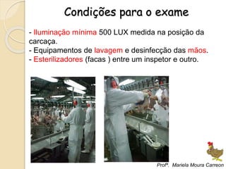 - Iluminação mínima 500 LUX medida na posição da
carcaça.
- Equipamentos de lavagem e desinfecção das mãos.
- Esterilizadores (facas ) entre um inspetor e outro.
Condições para o exame
Profª. Mariela Moura Carreon
 