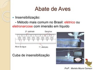 Abate de Aves
 Insensibilização:
- Método mais comum no Brasil: elétrico ou
eletronarcose com imersão em líquido
Cuba de insensibilização
Profª. Mariela Moura Carreon
 