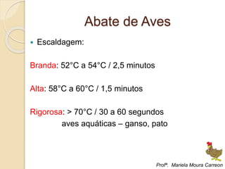 Abate de Aves
 Escaldagem:
Branda: 52°C a 54°C / 2,5 minutos
Alta: 58°C a 60°C / 1,5 minutos
Rigorosa: > 70°C / 30 a 60 segundos
aves aquáticas – ganso, pato
Profª. Mariela Moura Carreon
 