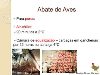 Abate de Aves
 Para perus:
 Air-chiller
- 90 minutos a 2°C
- Câmara de equalização – carcaças em gancheiras
por 12 horas ou carcaça 4°C
Profª. Mariela Moura Carreon
 