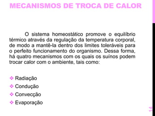 MECANISMOS DE TROCA DE CALOR 
O sistema homeostático promove o equilíbrio 
térmico através da regulação da temperatura corporal, 
de modo a mantê-la dentro dos limites toleráveis para 
o perfeito funcionamento do organismo. Dessa forma, 
há quatro mecanismos com os quais os suínos podem 
trocar calor com o ambiente, tais como: 
 Radiação 
 Condução 
 Convecção 
 Evaporação 
14 
 