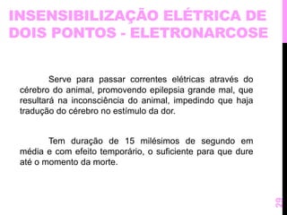 INSENSIBILIZAÇÃO ELÉTRICA DE 
DOIS PONTOS - ELETRONARCOSE 
Serve para passar correntes elétricas através do 
cérebro do animal, promovendo epilepsia grande mal, que 
resultará na inconsciência do animal, impedindo que haja 
tradução do cérebro no estímulo da dor. 
Tem duração de 15 milésimos de segundo em 
média e com efeito temporário, o suficiente para que dure 
até o momento da morte. 
29 
 