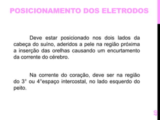 POSICIONAMENTO DOS ELETRODOS 
Deve estar posicionado nos dois lados da 
cabeça do suíno, aderidos a pele na região próxima 
a inserção das orelhas causando um encurtamento 
da corrente do cérebro. 
Na corrente do coração, deve ser na região 
do 3° ou 4°espaço intercostal, no lado esquerdo do 
peito. 
40 
 