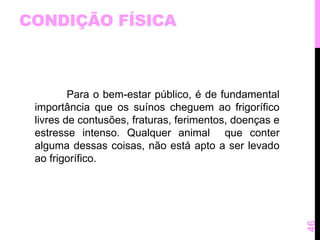 CONDIÇÃO FÍSICA 
Para o bem-estar público, é de fundamental 
importância que os suínos cheguem ao frigorífico 
livres de contusões, fraturas, ferimentos, doenças e 
estresse intenso. Qualquer animal que conter 
alguma dessas coisas, não está apto a ser levado 
ao frigorífico. 
46 
 