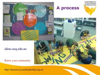 A process
Picture 003.jpg
ideas.usq.edu.au
Know your community
http://disasurvey.acelleadership.org.au/
 