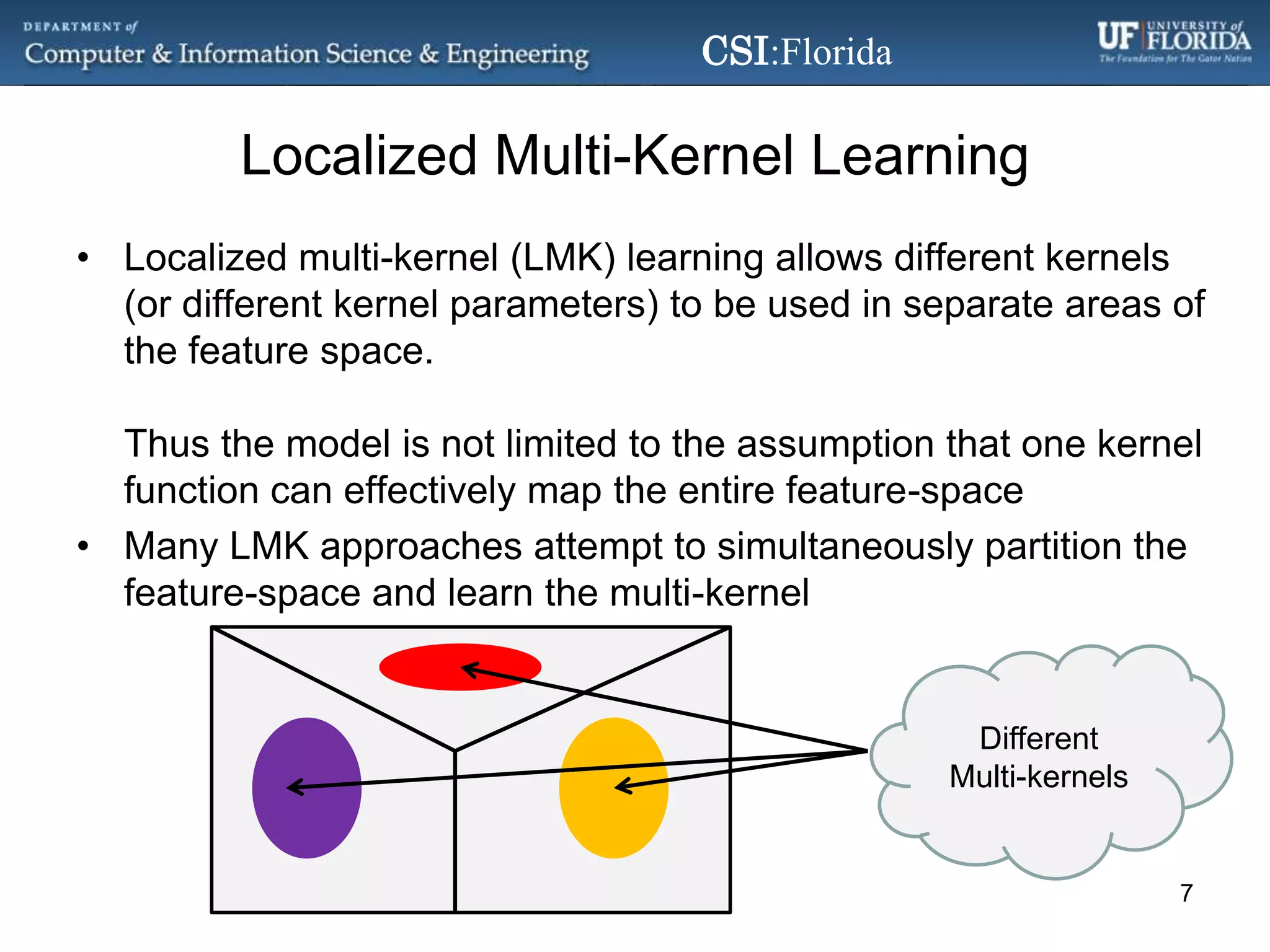 Localized Multi-Kernel LearningLocalized multi-kernel (LMK) learning allows different kernels (or different kernel parameters) to be used in separate areas of the feature space.Thus the model is not limited to the assumption that one kernel function can effectively map the entire feature-spaceMany LMK approaches attempt to simultaneously partition the feature-space and learn the multi-kernelDifferent Multi-kernels7