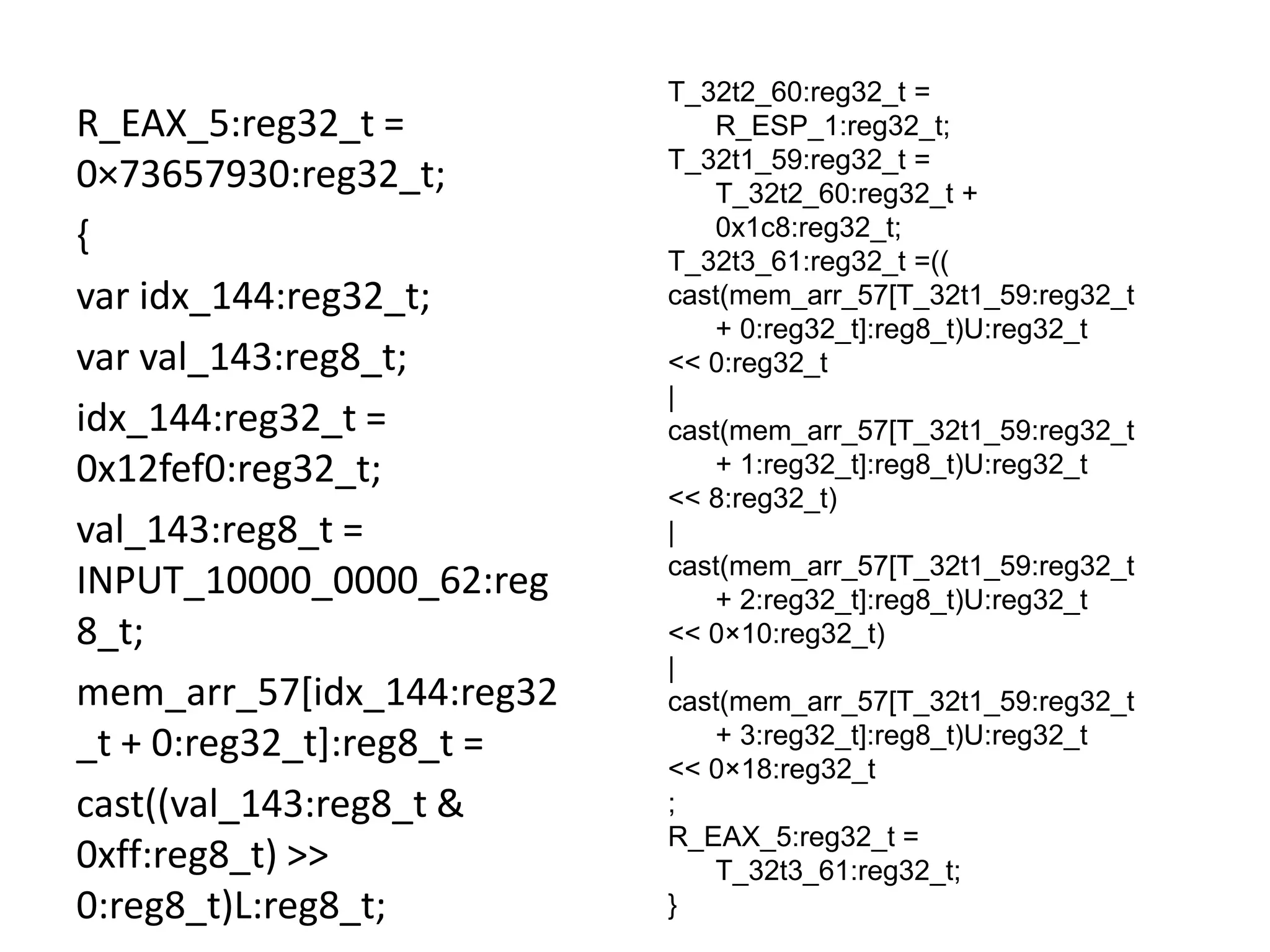 T_32t2_60:reg32_t = R_EAX_5:reg32_t = R_ESP_1:reg32_t; T_32t1_59:reg32_t = 0×73657930:reg32_t; T_32t2_60:reg32_t + { 0x1c8:reg32_t; T_32t3_61:reg32_t =(( var idx_144:reg32_t; cast(mem_arr_57[T_32t1_59:reg32_t + 0:reg32_t]:reg8_t)U:reg32_t var val_143:reg8_t; << 0:reg32_t | idx_144:reg32_t = cast(mem_arr_57[T_32t1_59:reg32_t 0x12fef0:reg32_t; + 1:reg32_t]:reg8_t)U:reg32_t << 8:reg32_t) val_143:reg8_t = | cast(mem_arr_57[T_32t1_59:reg32_t INPUT_10000_0000_62:reg + 2:reg32_t]:reg8_t)U:reg32_t 8_t; << 0×10:reg32_t) | mem_arr_57[idx_144:reg32 cast(mem_arr_57[T_32t1_59:reg32_t _t + 0:reg32_t]:reg8_t = + 3:reg32_t]:reg8_t)U:reg32_t << 0×18:reg32_t cast((val_143:reg8_t & ; R_EAX_5:reg32_t = 0xff:reg8_t) >> T_32t3_61:reg32_t; 0:reg8_t)L:reg8_t; } 