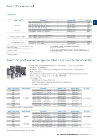Tmax Conversion Kit
Frame / Type Description Ordering code M.R.P.(`)
Connector
ADP 5pin SOR-C /UVR-C T4-T5-T6 P/W 1SDA055173R1 1,980
ADP 6pin AUX -C T4-T5-T6 P/W 1SDA054922R1 1,540
ADP 10pin MOE AUE -C T4-T5-T6 P/W 1SDA054924R1 1,980
ADP 12pin AUX -C T4-T5-T6 P/W 1SDA054923R1 2,530
MOT T7M
LEFT SLIDING CONTAC.MP C.BR.T7-T7M-X1 1SDA062164R1 4,620
LEFT SLIDING CONTAC.FP C.BR.T7M-X1 1SDA062167R1 6,820
SOR/SCR/UVR/AUX - T7-T7M
RIGHT SLIDING CONTAC.MP C.BR.T7-T7M-X1 1SDA062166R1 4,620
RIGHT SLIDING CONTAC.FP C.BR.T7M-X1 1SDA062169R1 6,820
Central Block for T7-T7M
Central block - MP T7 - T7M 1SDA062165R1 4,620
Central block - FP T7 - T7M 1SDA062168R1 6,820
Accessories:
Note: The plug-in version must be composed as follows
1) Fixed circuit-breaker
2) Conversion kit from fi xed into moving part of plug-in
3) Fixed part of plug-in
Note: The withdrawable version must be composed as follows
1) Fixed circuit-breaker
*Jumper kit is compulsory to order with 1500V DC version
Tmax PV is the latest T Generation product upto 1600 A / 1100 V DC / 1500V DC.
- IEC 60947-3 certification
- 6 different sizes: from the compact T1 (which can be mounted on DIN rail) to the 		
	high-performance
	 T7, available in the two versions, with lever operating mechanism and motor operator
- Rated insulation voltage up to 1150 V DC /1500V DC
- Advantages like
- excellent performance-dimensions
- vast and complete range of accessories for all requirements
- complete remote control
Tmax PV: photovoltaic range moulded case switch disconnector
Rated current In (A) Rated Voltage Description Ordering Code Version / Poles M.R.P. (`)
160
1100 V DC
T1D/PV 160 4p F FC Cu 1100V DC 1SDA069816R1 Fixed / 4p
Upon Request
200 T3D/PV 200 4p F FC Cu 1100V DC 1SDA069822R1 Fixed / 4p
250 T4D/PV 250 4p F F 1100V DC 1SDA069823R1 Fixed / 4p
500 T5D/PV 500 4p F F 1100V DC 1SDA069824R1 Fixed / 4p
800 T6D/PV 800 4p F F 1100V DC 1SDA069825R1 Fixed / 4p
1250 T7D/PV 1250 4p F F 1100V DC 1SDA069826R1 Fixed / 4p
1250M T7D/PV 1250 4p F F M 1100V DC 1SDA069827R1 Fixed / 4p
1600 T7D/PV 1600 4p F F 1100V DC 1SDA069828R1 Fixed / 4p
1600M T7D/PV 1600 4p F F M 1100V DC 1SDA069829R1 Fixed / 4p
Rated current In (A) Rated Voltage Description Ordering Code Version / Poles M.R.P. (`)
250
1500V DC
T4D/PV-E 250 4p F F 1500V DC 1SDA073559R1 Fixed / 4p
Upon Request
500 T5D/PV-E 500 4p F F 1500V DC 1SDA076898R1 Fixed / 4p
1250 T7D/PV-E 1250 4p F F M 1500V DC 1SDA073560R1 Fixed / 4p
1600 T7D/PV-E 1600 4p F F M 1500V DC 1SDA073561R1 Fixed / 4p
250
1500V DC
KIT 2JUMPER U 2+2PS T4D/PV 250 1SDA070454R1 Kit jumpers
Upon Request
500 KIT 2JUMPER U 2+2PS T5D/PV-E 500 1SDA076899R1 Kit jumpers
1250 KIT JUMPER U 2+2PS T7D/PV 1250 1SDA070429R1 Kit jumpers
1600 KIT JUMPER U 2+2PS T7D/PV 1600 1SDA070431R1 Kit jumpers
*For information please contact our nearest sales office
2) Conversion kit from fixed into moving part of withdrawable
3) Fixed part of withdrawable
4) Front for lever operating mechanism or rotary handle or motor operator
5) Sliding contacts blocks if the circuit-breaker is automatic or fitted with electrical
accessories (only for T7)
ABB Low voltage Breakers & Switches | Tmax Conversion Kit 37
1
 